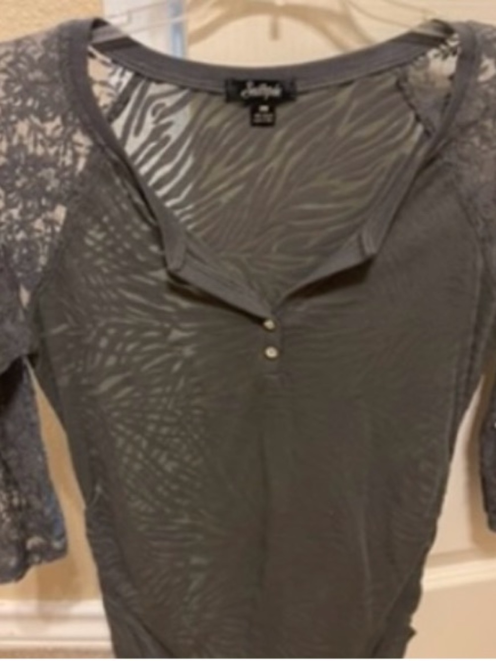 Southpole Charcoal Gray Lace-Sleeve Henley Long Sleeve Top new